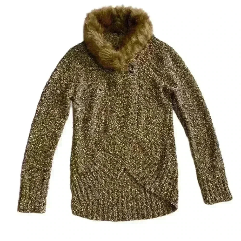 Slonl Wool Blended Long Sleeve Sweater with Faux Fur Trim Golden Threads Size M